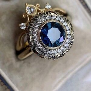 Vintage Gold Ring with Sapphire Blue Gemstone Set. 2 Rings